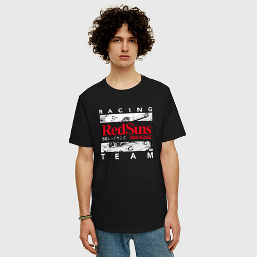 Мужская футболка оверсайз Initial D RedSuns Team Аниме про дрифт / Черный – фото 3