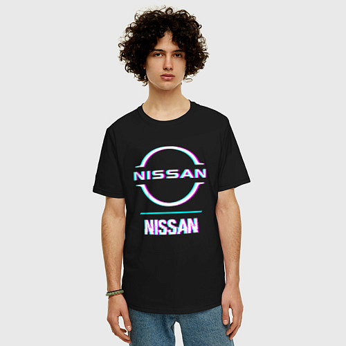 Мужская футболка оверсайз Значок Nissan в стиле glitch / Черный – фото 3
