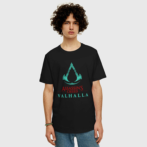 Мужская футболка оверсайз Assassins Creed Valhalla - logo / Черный – фото 3