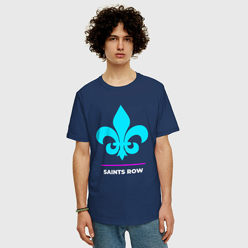 Мужская футболка оверсайз Символ Saints Row в неоновых цветах / Тёмно-синий – фото 3