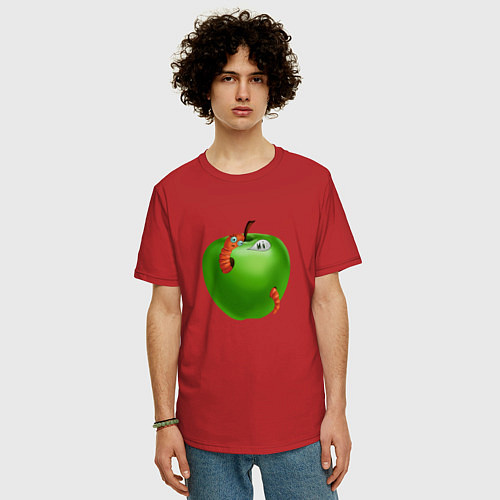 Мужская футболка оверсайз Яблоко с гусеницей / Красный – фото 3
