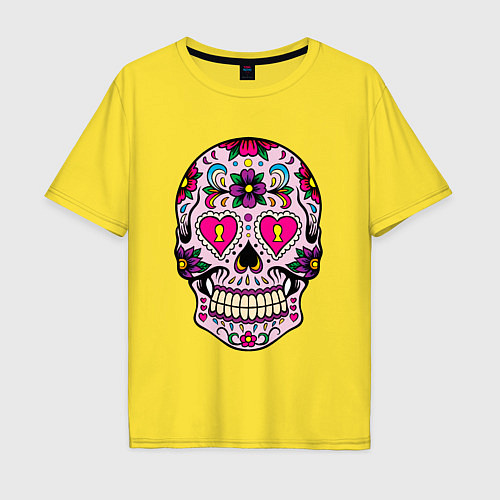 Мужская футболка оверсайз Розовый череп с сердечками и цветами / Желтый – фото 1