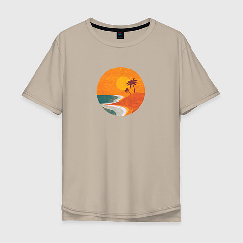 Мужская футболка оверсайз Две пальмы на пляже во время заката минимализм / Миндальный – фото 1