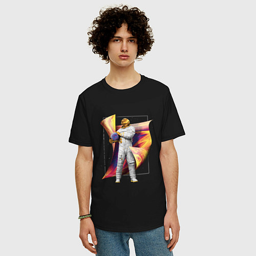 Мужская футболка оверсайз Золотой голографический космонавт / Черный – фото 3