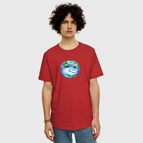 Мужская футболка оверсайз Злая планета Земля в маске рисунок / Красный – фото 3