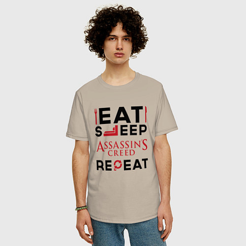 Мужская футболка оверсайз Надпись: eat sleep Assassins Creed repeat / Миндальный – фото 3