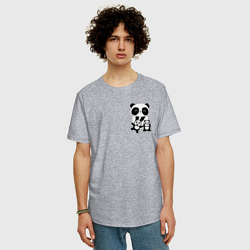 Мужская футболка оверсайз Панда с малышами в кармане / Меланж – фото 3