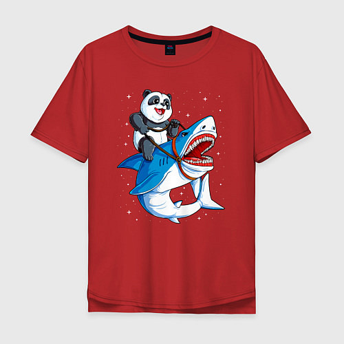 Мужская футболка оверсайз Панда верхом на акуле в космосе / Красный – фото 1