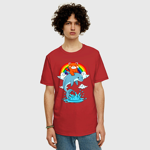 Мужская футболка оверсайз Красная панда верхом на дельфине / Красный – фото 3