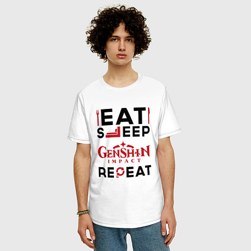 Мужская футболка оверсайз Надпись: eat sleep Genshin Impact repeat / Белый – фото 3