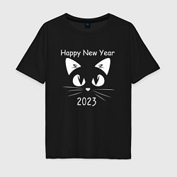 Футболка оверсайз мужская С новым 2023 годом котик, цвет: черный