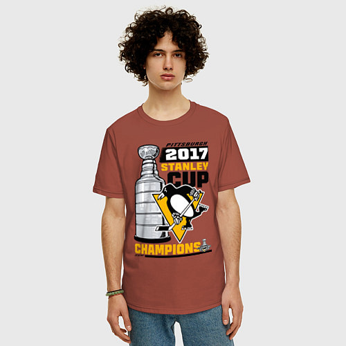 Мужская футболка оверсайз Питтсбург Пингвинз НХЛ / Кирпичный – фото 3