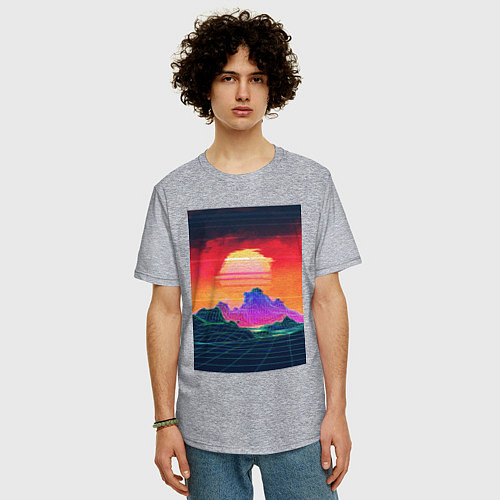 Мужская футболка оверсайз Синтвейв горы на закате / Меланж – фото 3