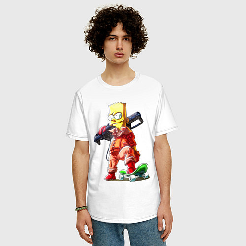 Мужская футболка оверсайз Крутой Барт Симпсон с оружием на плече и скейтборд / Белый – фото 3