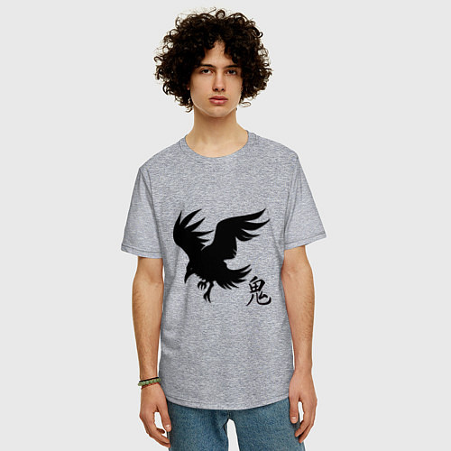 Мужская футболка оверсайз Ворон с иероглифом / Меланж – фото 3