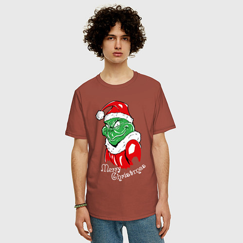 Мужская футболка оверсайз Merry Christmas, Santa Claus Grinch / Кирпичный – фото 3