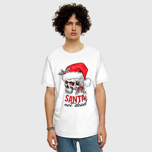 Мужская футболка оверсайз Santa is not dead, skull in red hat, holly / Белый – фото 3