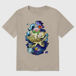 Футболка оверсайз мужская Плоская земля - мир на черепахе, цвет: миндальный