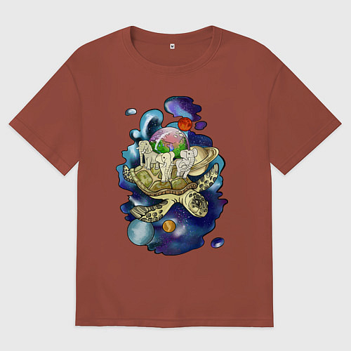 Мужская футболка оверсайз Плоская земля - мир на черепахе / Кирпичный – фото 1
