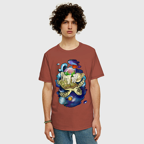 Мужская футболка оверсайз Плоская земля - мир на черепахе / Кирпичный – фото 3