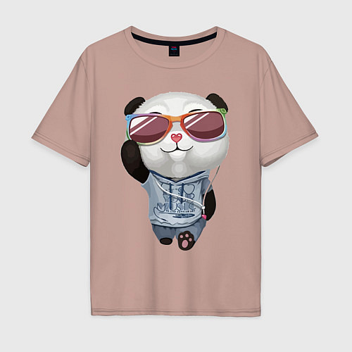 Мужская футболка оверсайз Прикольный пандёныш в темных очках и наушниках / Пыльно-розовый – фото 1