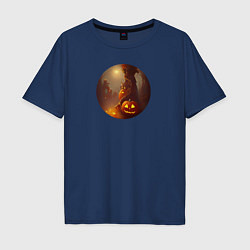 Футболка оверсайз мужская Хэллоуинская тыква и жуткое дерево, цвет: тёмно-синий