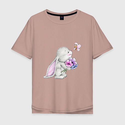 Мужская футболка оверсайз Кролик дарит цветы тебе / Пыльно-розовый – фото 1