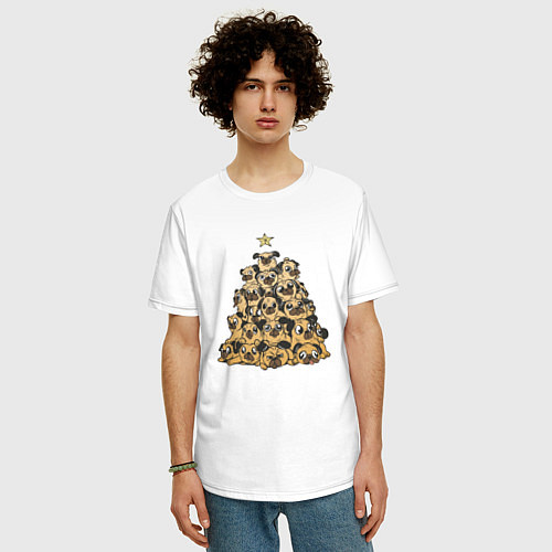 Мужская футболка оверсайз Новогодняя елка из мопсов / Белый – фото 3
