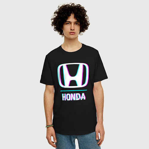 Мужская футболка оверсайз Значок Honda в стиле glitch / Черный – фото 3