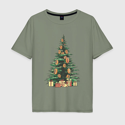 Мужская футболка оверсайз Новогодняя елка с хот-догами / Авокадо – фото 1