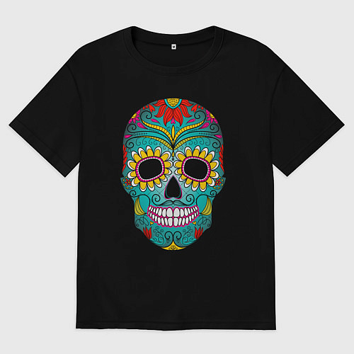 Мужская футболка оверсайз Светло-зелёный череп / Черный – фото 1