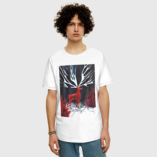 Мужская футболка оверсайз Красный олень с гиганскими рогами / Белый – фото 3