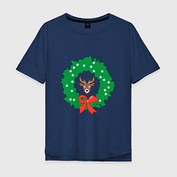 Футболка оверсайз мужская Рождественский венок с оленем, цвет: тёмно-синий