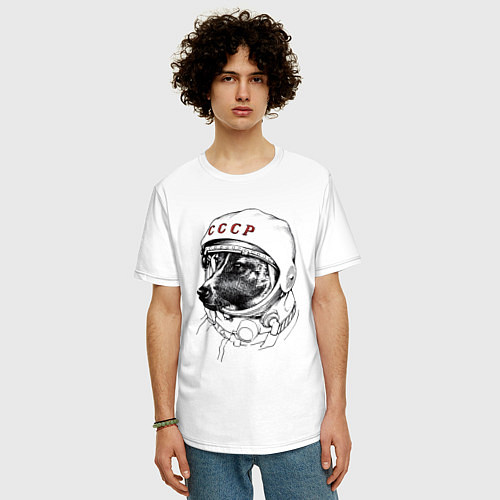 Мужская футболка оверсайз Лайка собака космонавт СССР / Белый – фото 3