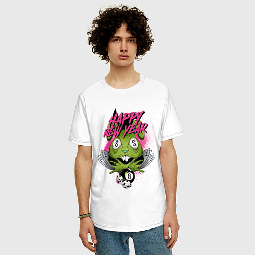 Мужская футболка оверсайз Green rabbit Happy new year / Белый – фото 3