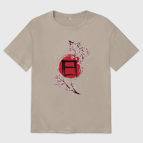 Мужская футболка оверсайз Цветущая сакура и красный круг с японским иероглиф / Миндальный – фото 1