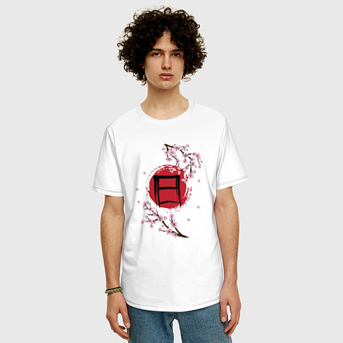 Мужская футболка оверсайз Цветущая сакура и красный круг с японским иероглиф / Белый – фото 3
