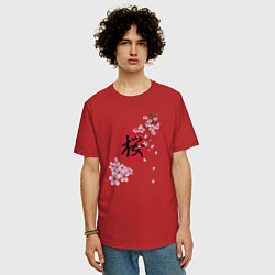 Футболка оверсайз мужская Цветущая вишня и красный круг с японским иероглифо, цвет: красный — фото 2