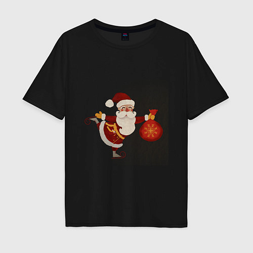 Мужская футболка оверсайз Дед Мороз на коньках с мешком подарков / Черный – фото 1