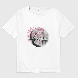 Футболка оверсайз мужская Японская сакура рисунок карандашом, цвет: белый