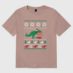 Футболка оверсайз мужская Новогодний тирекс - ugly sweater, цвет: пыльно-розовый