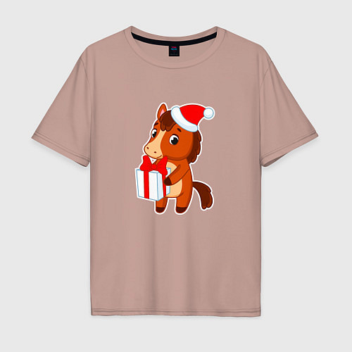 Мужская футболка оверсайз Мультяшная лошадка в шапке Санты / Пыльно-розовый – фото 1