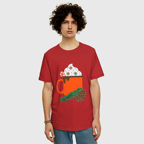 Мужская футболка оверсайз Новогодняя кружка с какао / Красный – фото 3