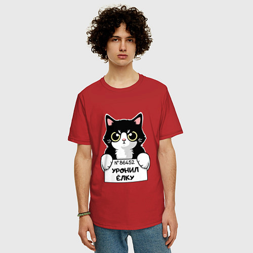 Мужская футболка оверсайз Кот преступник / Красный – фото 3