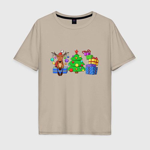 Мужская футболка оверсайз Новогоднее настроение , милый олень / Миндальный – фото 1