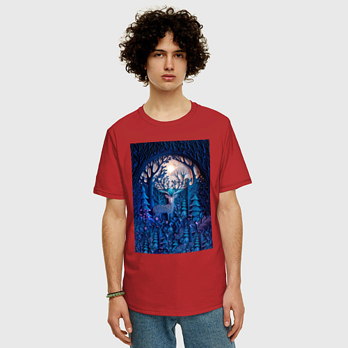 Мужская футболка оверсайз Объемная иллюстрация из бумаги лес и олень на сине / Красный – фото 3