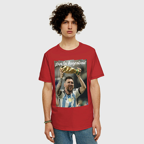 Мужская футболка оверсайз Lionel Messi - world champion - Argentina / Красный – фото 3