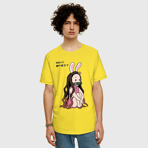 Мужская футболка оверсайз Милашка Незуко из аниме клинок рассекающий демонов / Желтый – фото 3