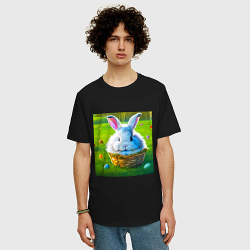 Мужская футболка оверсайз Милый кролик в корзинке / Черный – фото 3