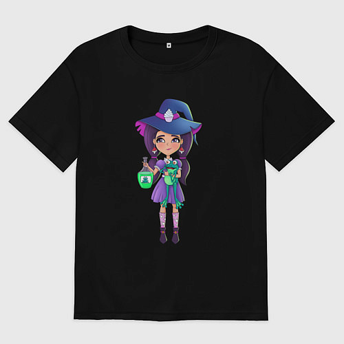 Мужская футболка оверсайз Милая девочка ведьма с другом лягушкой / Черный – фото 1